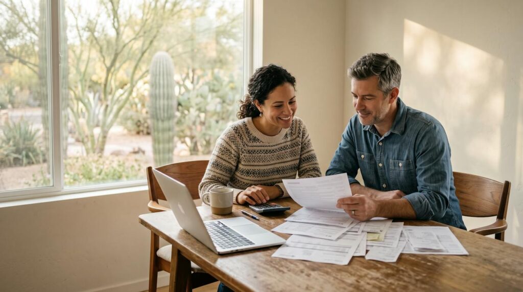 Couple at a kitchen table in a Phoenix home reviewing tax forms with a calculator and laptop, with a saguaro cactus outside the window