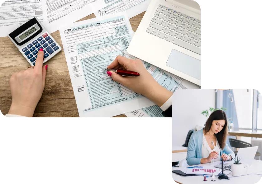 Hands filling out a tax form next to a woman working on a laptop