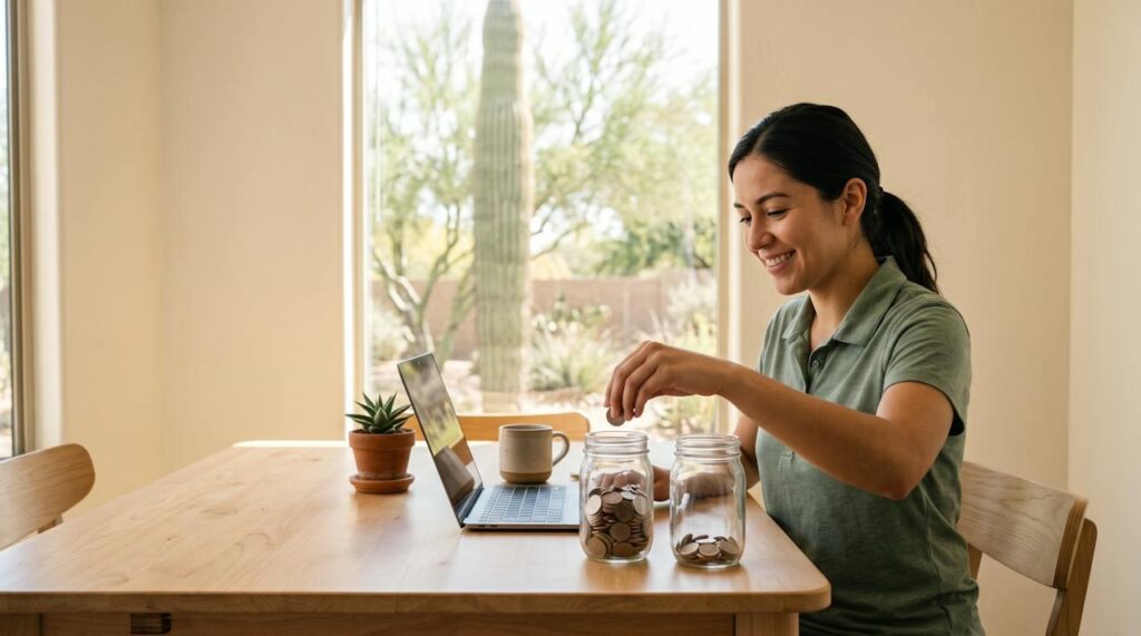 Saver's Match: a young woman drops coins into a glass savings jar at her kitchen table in a sunny Phoenix home